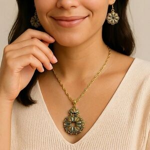 Elegant Gold and Green Floral Necklace and Earring Set